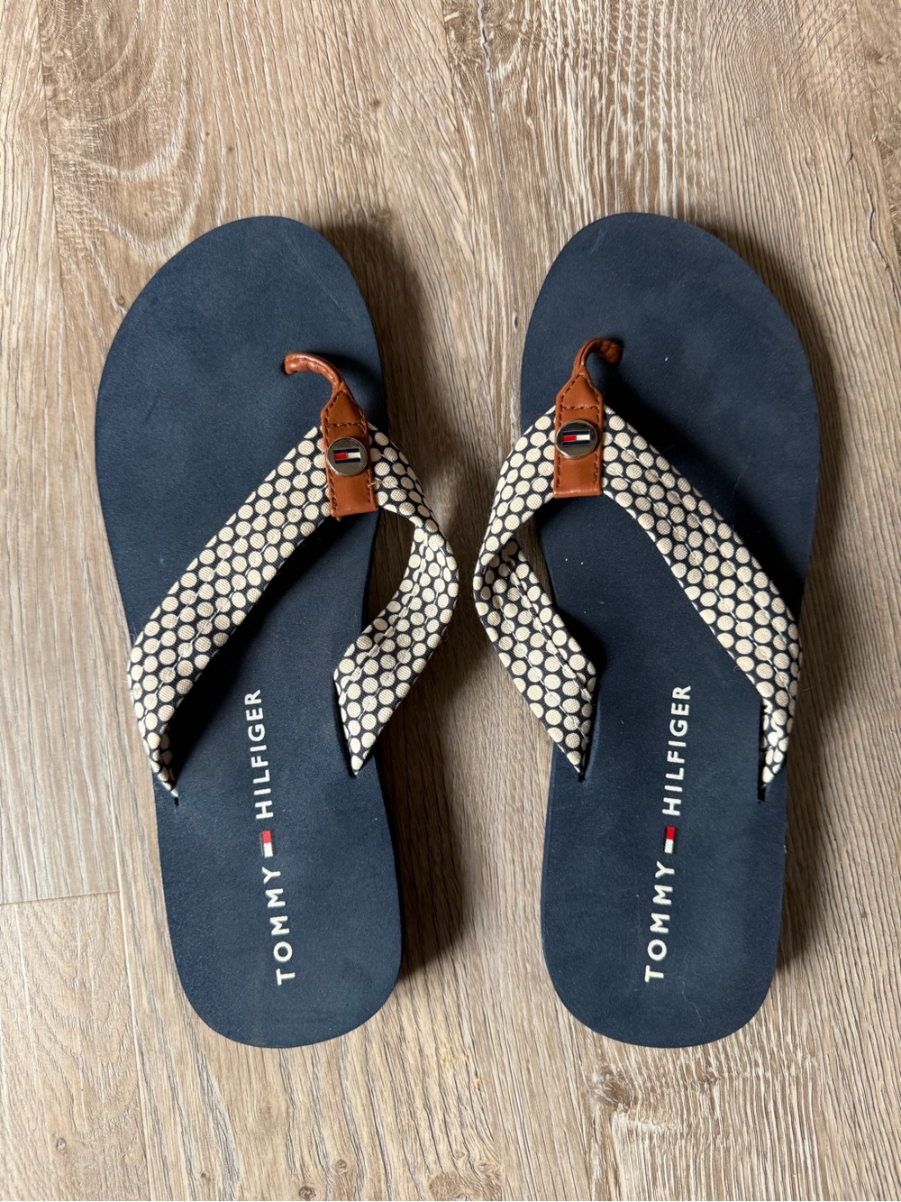 Tommy Hilfiger Navy Footbed with Tan Patterned Straps women’s Flip Flops